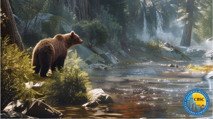 A bear overlooking a stream