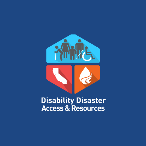 Picture of a group of various people with disabilities, below that is the state  of CA and next to that is a fire graphic. Below says Disability Disaster Access and Resources Website